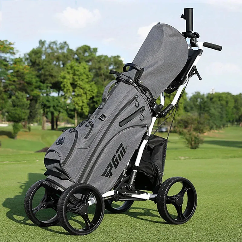 New Foldable Golf Sports Bag Cart Four Wheels Aluminium Alloy Trolley With Umbrella Holder Cage Fixing Rope Manual Brake QC005