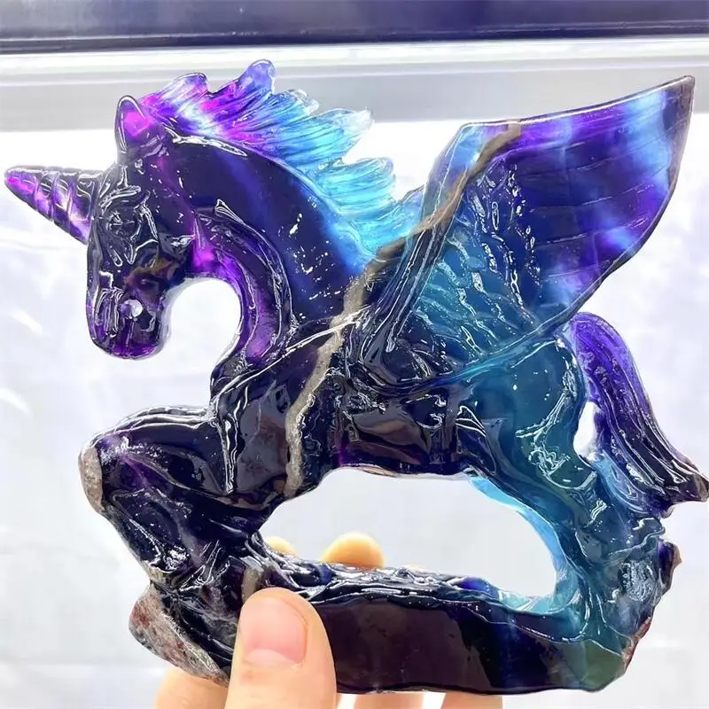 

Natural Rainbow Fluorite Unicorn Statue Carved Healing Crystal Reiki Figurine Quartz Gemstone Animals Ornament Gift 1pcs