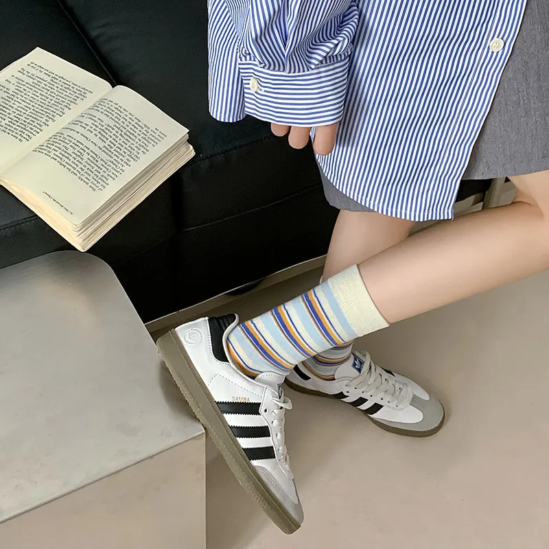 Socks Women Multicolor Striped Casual Harajuku Hip Hop Skateboard Sports Socks College Style School Girls Cute Cotton Long Socks