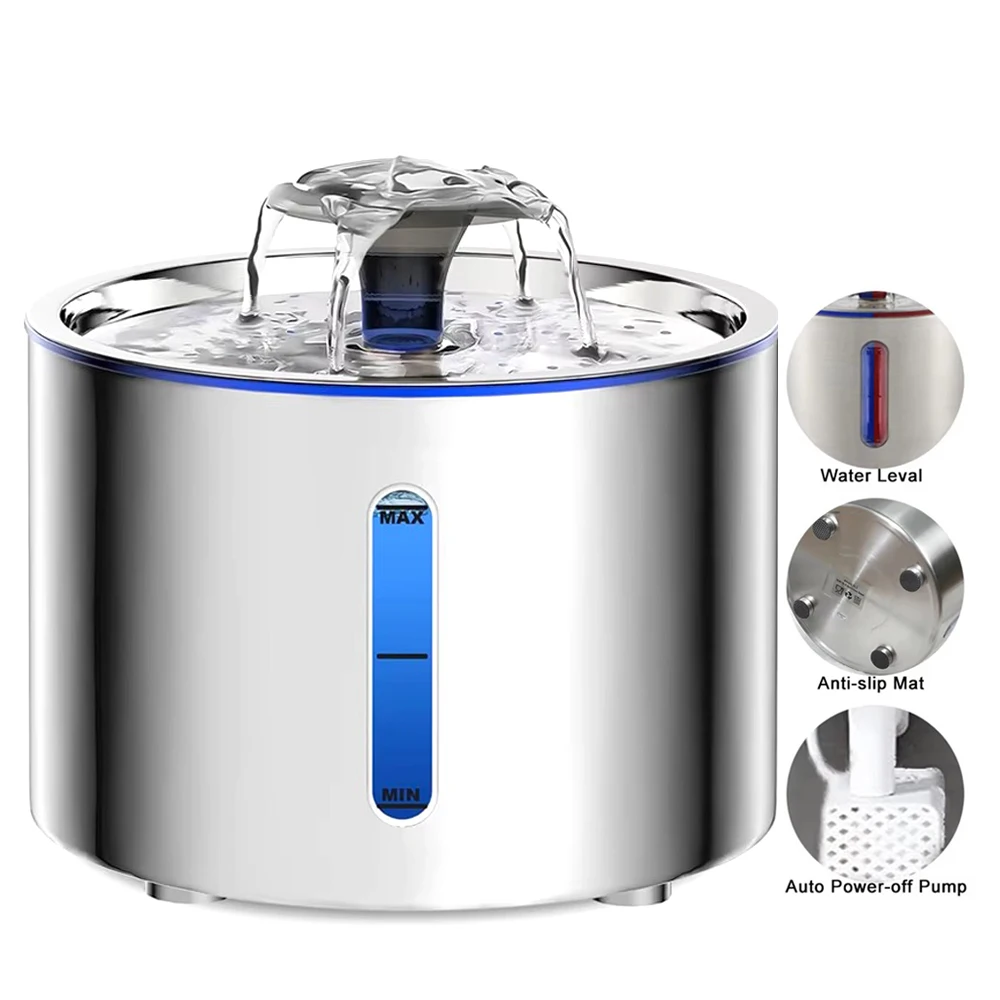 

STLF84oz/2.5L Stainless Steel Automatic Cat Water Fountain Auto Power-off Fountain with LED Light Non-slip Mat Pet Water Dispens