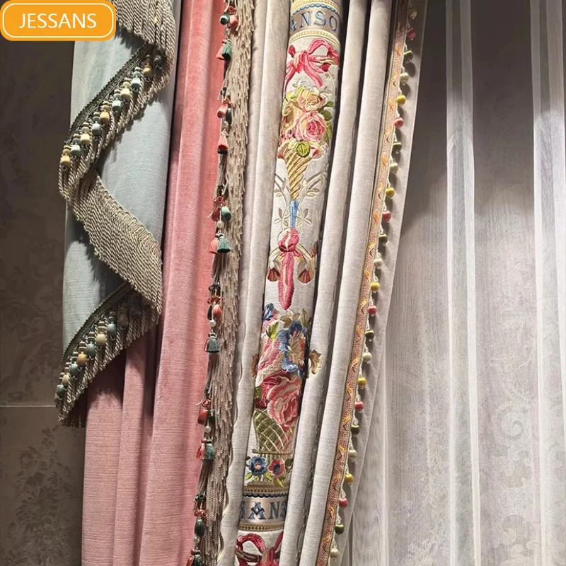 French Pink Embroidered Beige Patchwork Velvet Curtains for Living Room Bedroom Partition Curtains Villa Custom Embroidered