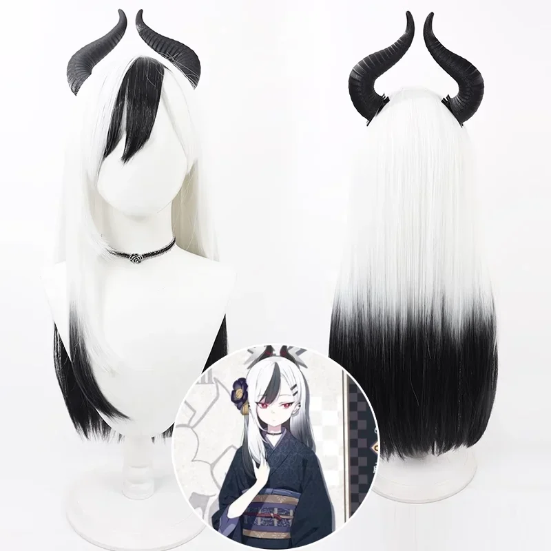 Blue Archive Onikata Kayoko Cosplay Wig 70cm Long Black White Synthetic Hair Heat Resistant Halloween Role Play   Free Wig Cap