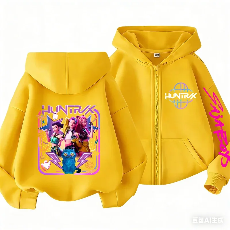 

Детская куртка на молнии с мультяшным принтом Kpop Demon Hunters Mira Rumi Zoey, весенне-осенняя толстовка с капюшоном, 3-14 лет