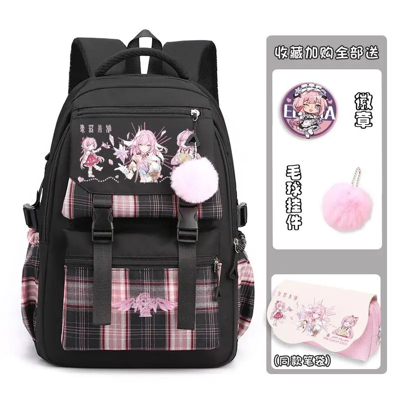 Honkai Impact 3Rd Merchandise School Bag Large Capacity Elysia Lightweight Backpack Casual Student Plaid Anime