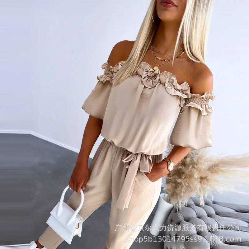 

Women Solid Color Fashion Ruffles Strapless Off Shoulder Sashes Tied Bodysuit Playsuit Pants Summer Sexy