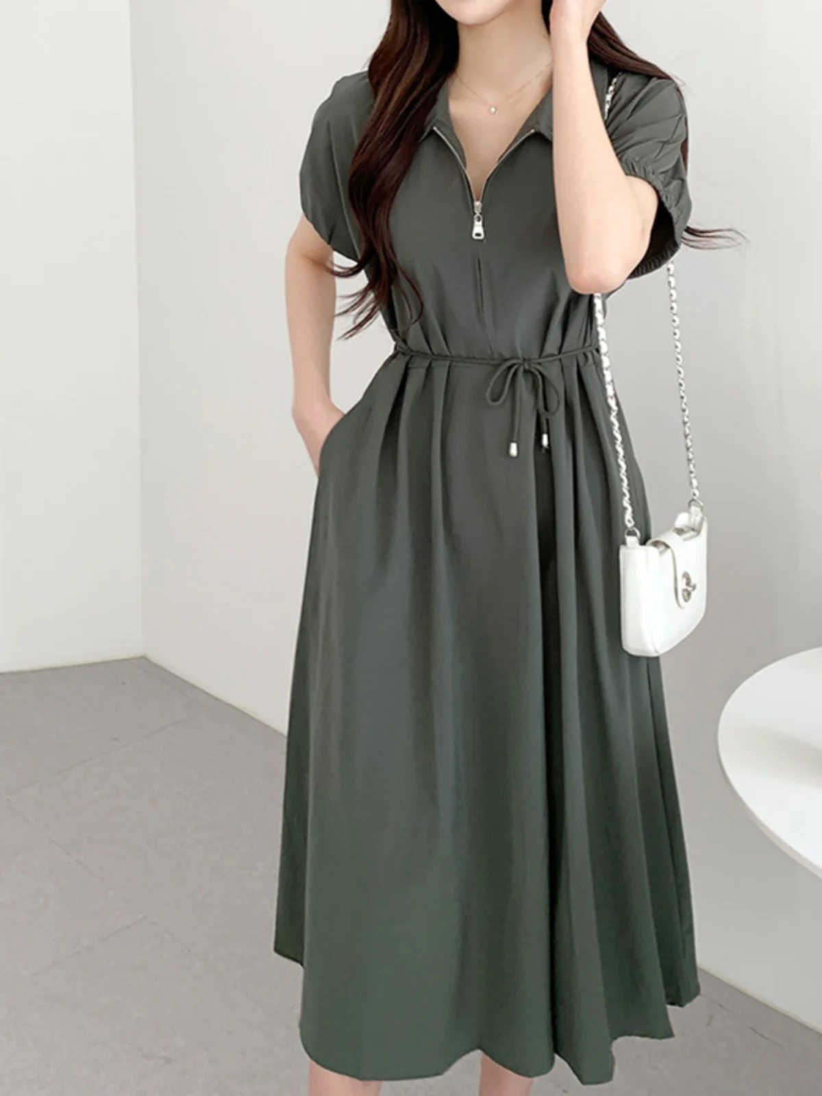 시크 캐주얼 칼라 슬림핏 미디 드레스 여성용 스타일리시 여름 패션 트렌디 우아한 긴팔 드레스