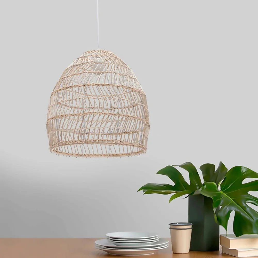 Natural Handmade Rattan Woven Chandeliers 1-Light E27 Beige Rattan Wicker Pendant Lights Country Dome Hanging Lamp Ceiling Light