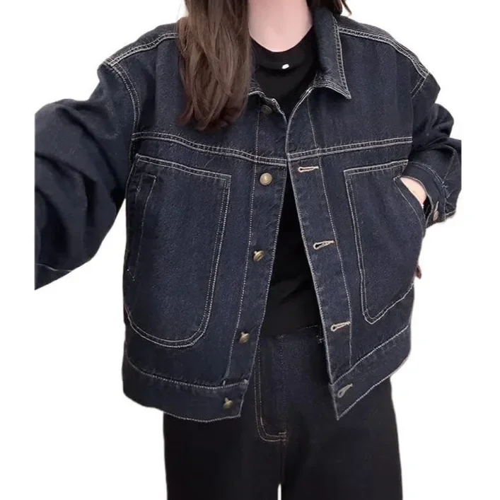 

Темно-синяя рабочая одежда в стиле ретро, джинсовая куртка, женское повседневное весенне-осеннее короткое пальто с карманами для маленьких фигурок