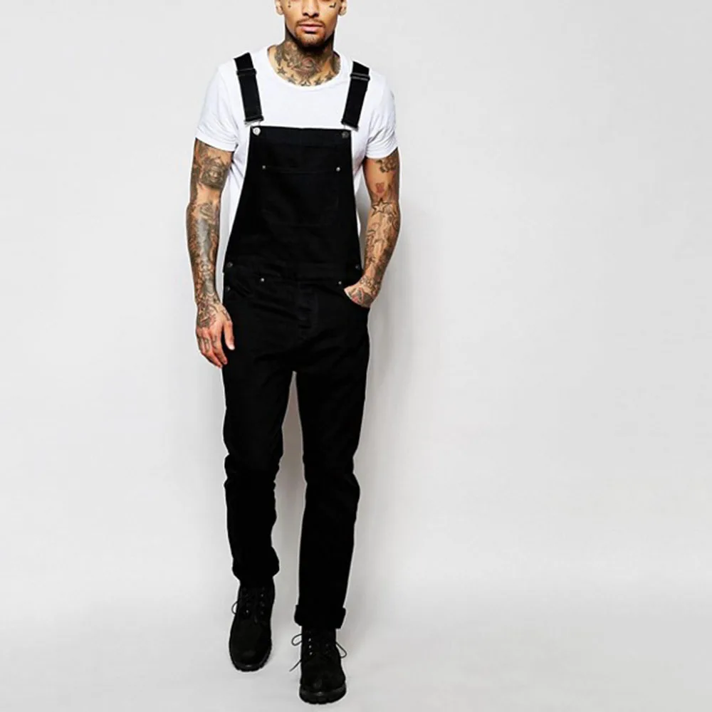 Men Jeans Overalls Pockets Slim Fit Washed Vintage Solid Suspenders Long Denim Pants Spliceed Straight Jumpsuit 2024 Streetwear