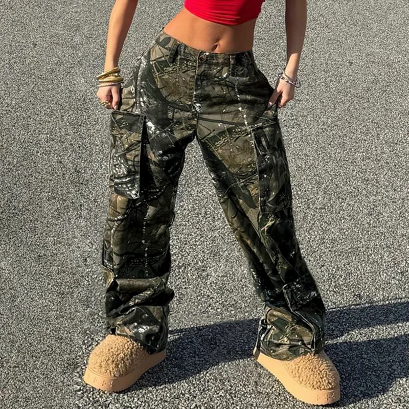

Thorn Camouflage Print Women Cargo Pants Pockets High Waist Button Fly Loose Straight Trousers Casual Streetwear Bottoms