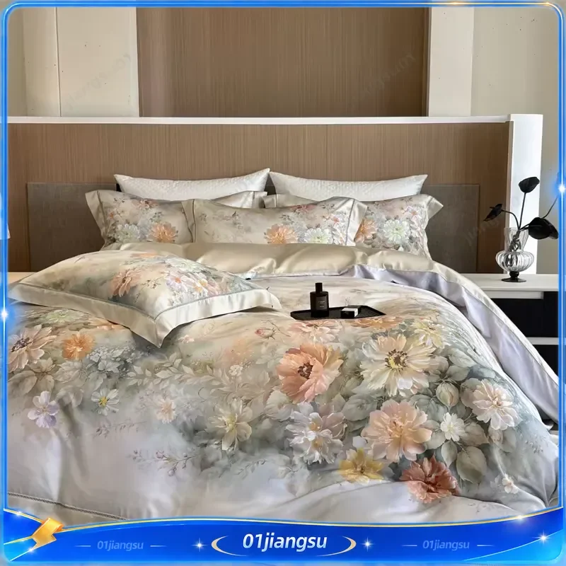 600TC Lyocell Cotton Floral Bedding Set Queen King Duvet Cover Quilted Bedspread Sheet Pillowcases 4Pcs Soft Breathable Home