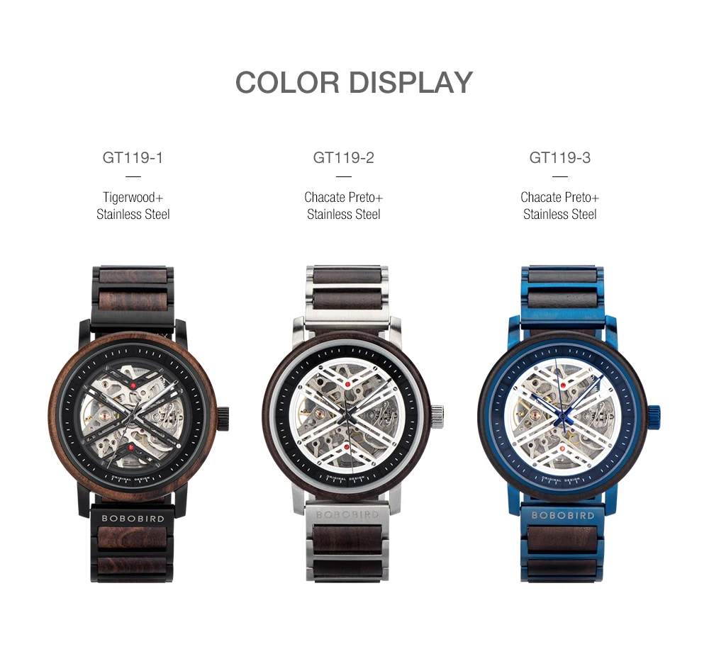Reloj mecánico automático BOBO BIRD, camiseta nueva, reloj de pulsera de madera para hombres de negocios, relojes grabados personalizados únicos, caja de regalo de Navidad