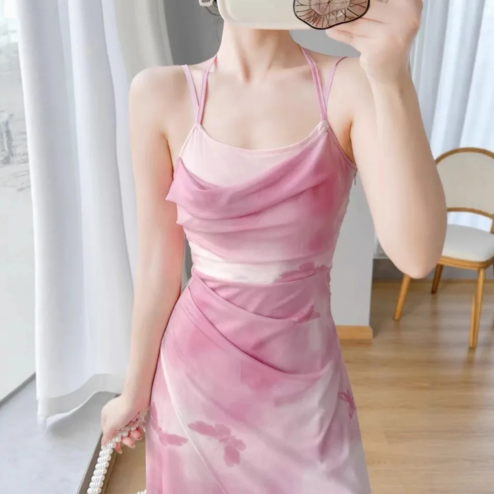 Dopamine Beautiful Pink Tie Dye Suspender Dress for Women Summer Island Side Vacation Waist-Tight Beach Skirt