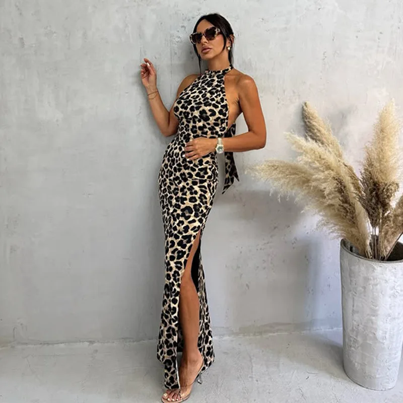 Ele Leopard Print ter Bal Split Long Dr Sexy High Waist Knitted Wrap Bodycon Dr for Women Summer Season