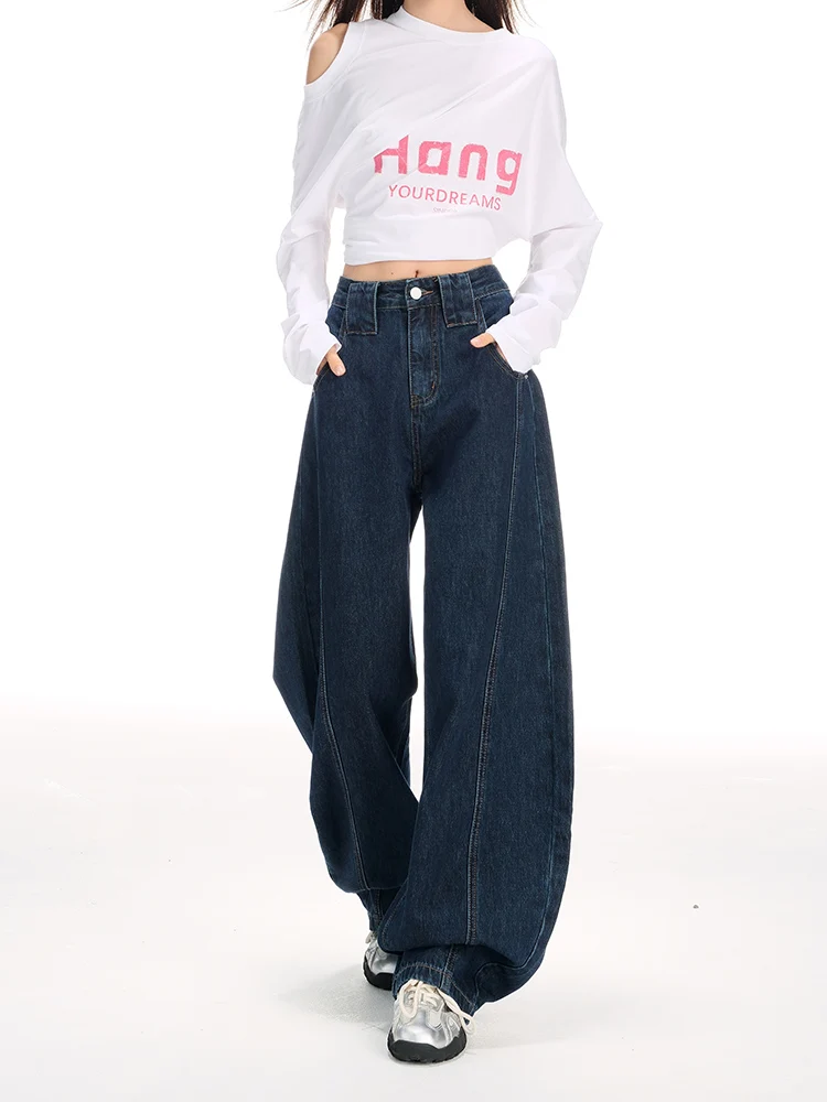 

American Retro Loose Slimming Knife Jeans Women's Wide Leg Casual Banana Long Pants High Waist Denim Cotton Blend