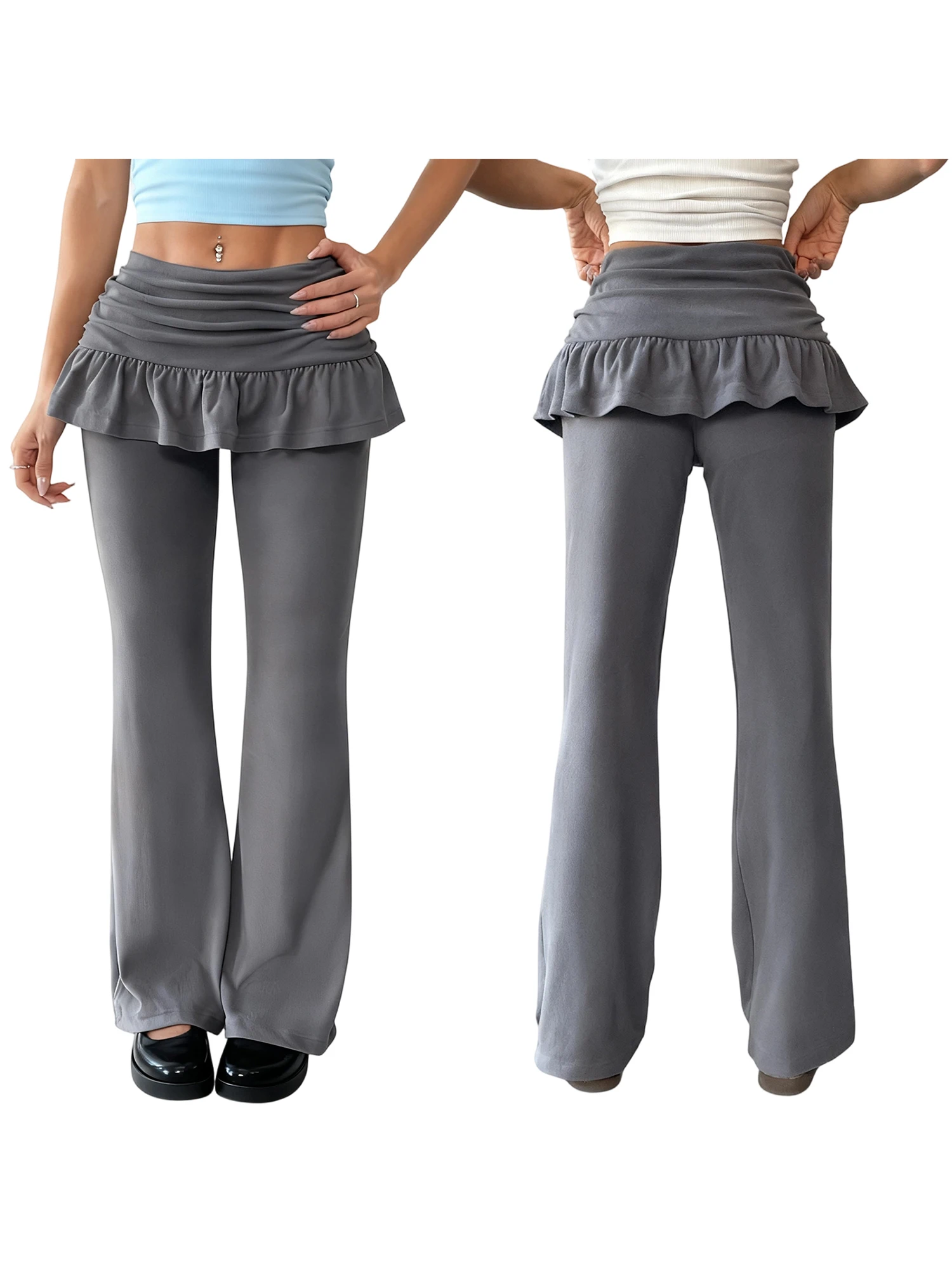 세련된 오피스 복장을 위한 러플 장식 인조 스커트 오버레이와 신축성 있는 허리밴드가 있는 여성용 하이웨이스트 플레어 팬츠