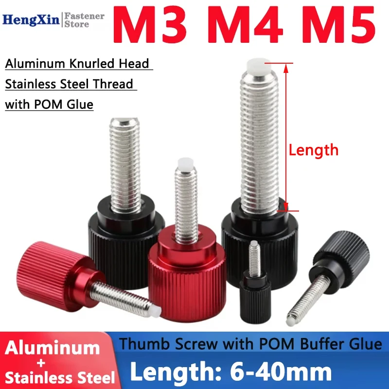 1pcs M3 M4 M5 Aluminum Thumb Screw Aluminum Alloy Knurled Head + Stainless Steel Thread with POM Buffer Glue Hand Tighten Bolt