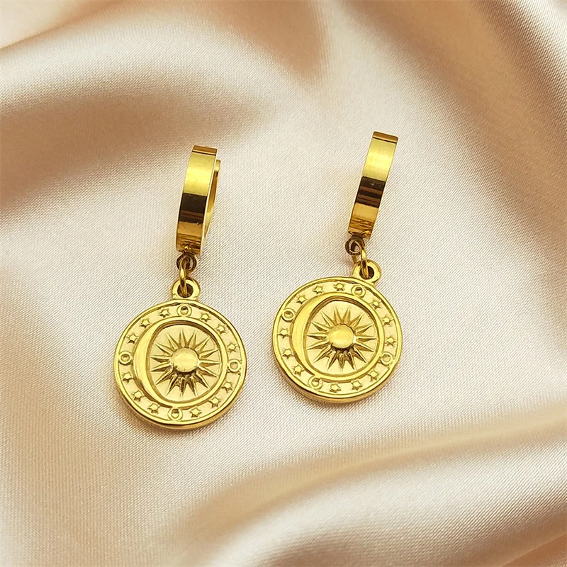 Vintage Sun Moon Hoop Earrings for Women Stainless Steel Gold Color Star Dangle Earrings Female Ear Hoops Jewelry ZZZ412-5