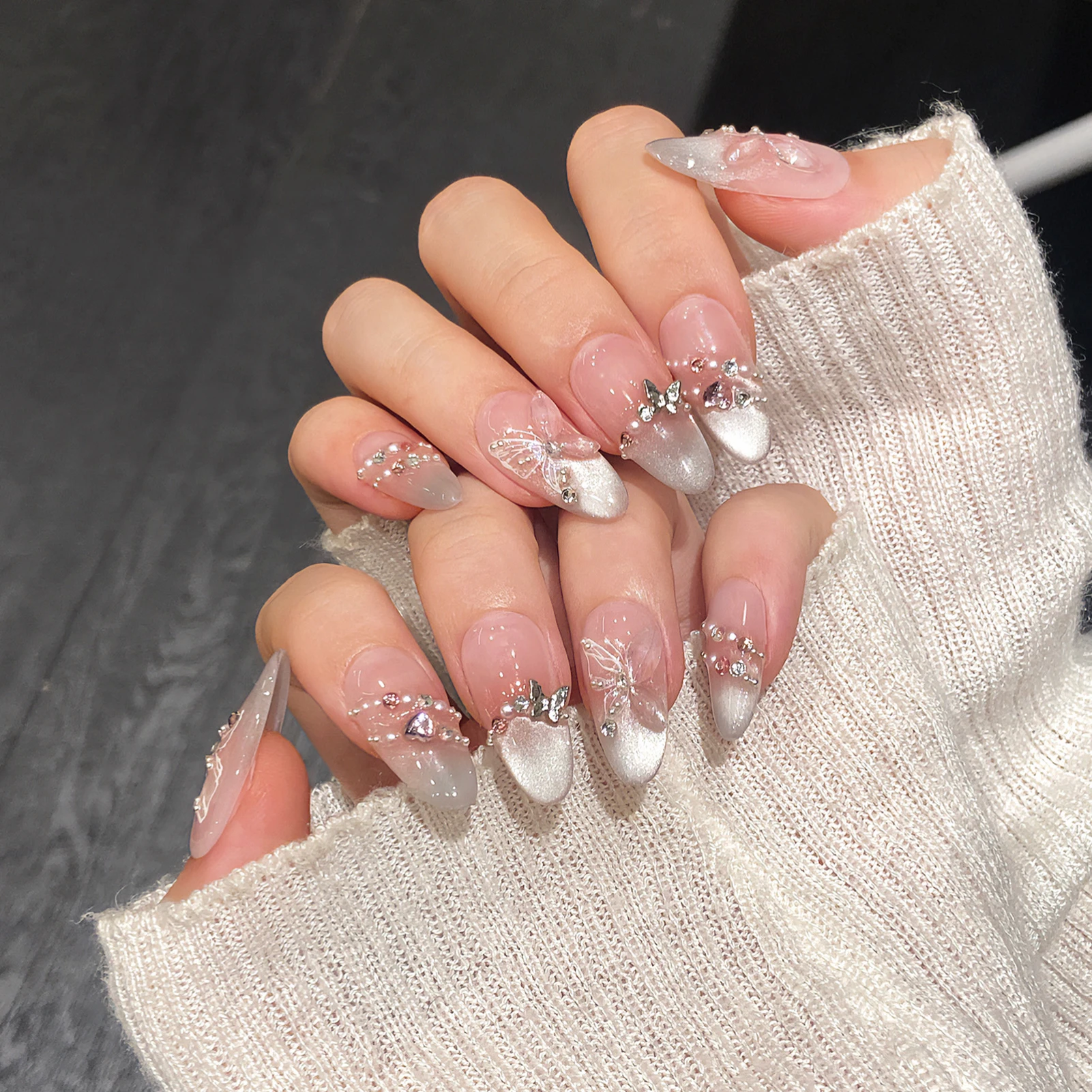 10pcs Pink Blush Handmade Press On Nails With Diamond Crystal Butterfly Decor Coffin Almond Flash Cat's Eye Gradient False Nails