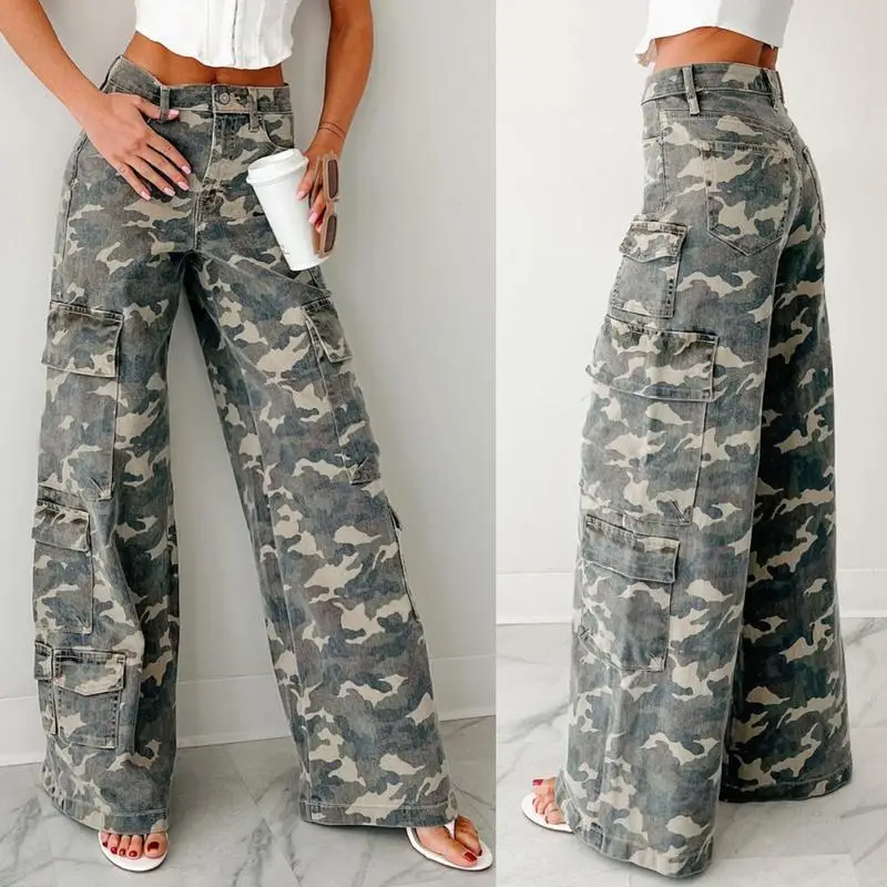Casual Camouflage Tooling Straight Women's Jeans Lolita Style High Waist Slim Fit Summer 2025 Denim Pants for Women