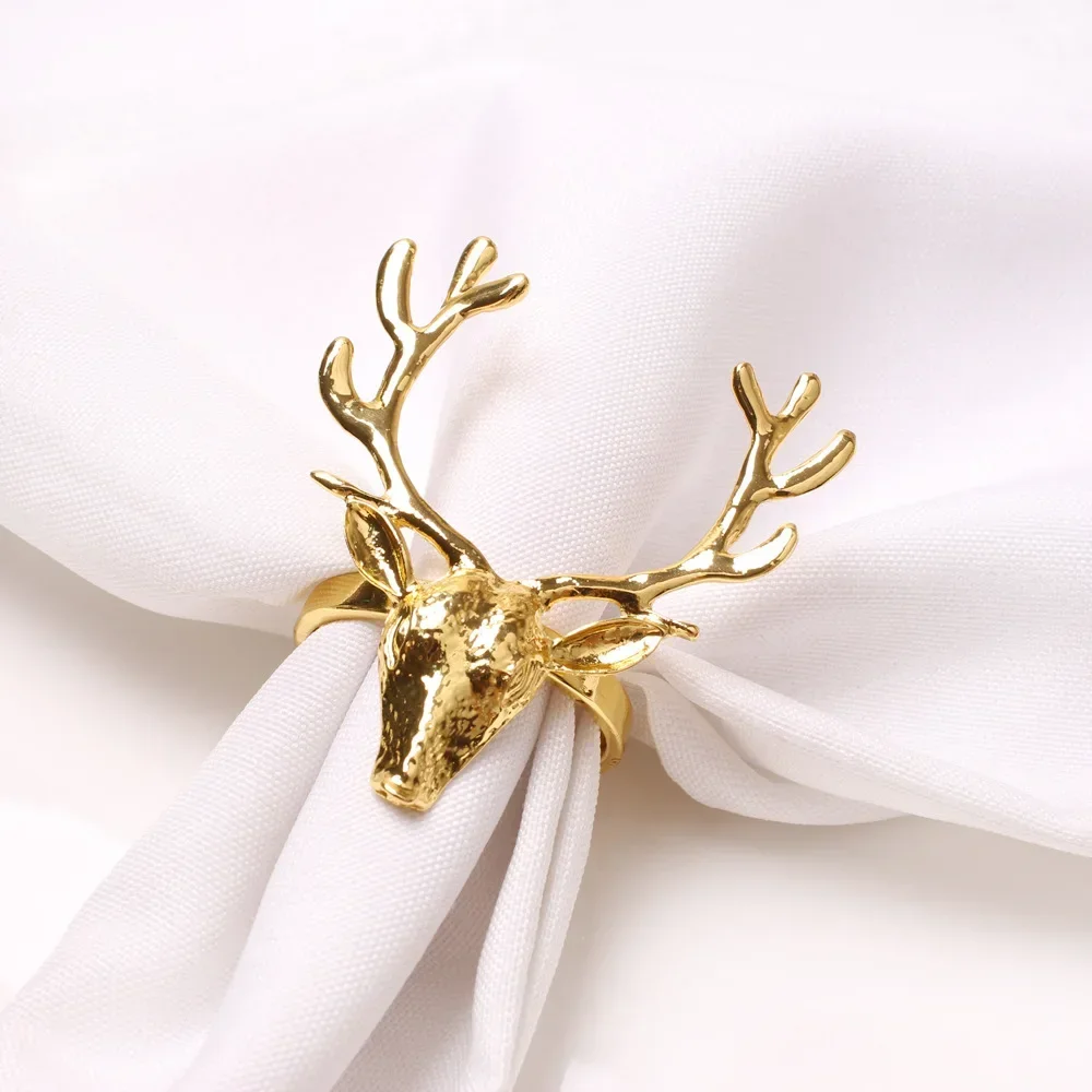 6Pcs Christmas Elk Head Napkin Rings Deer Napkin Buckle Alloy Reindeer Napkin Holders Xmas Thanksgiving Dining Table Decor