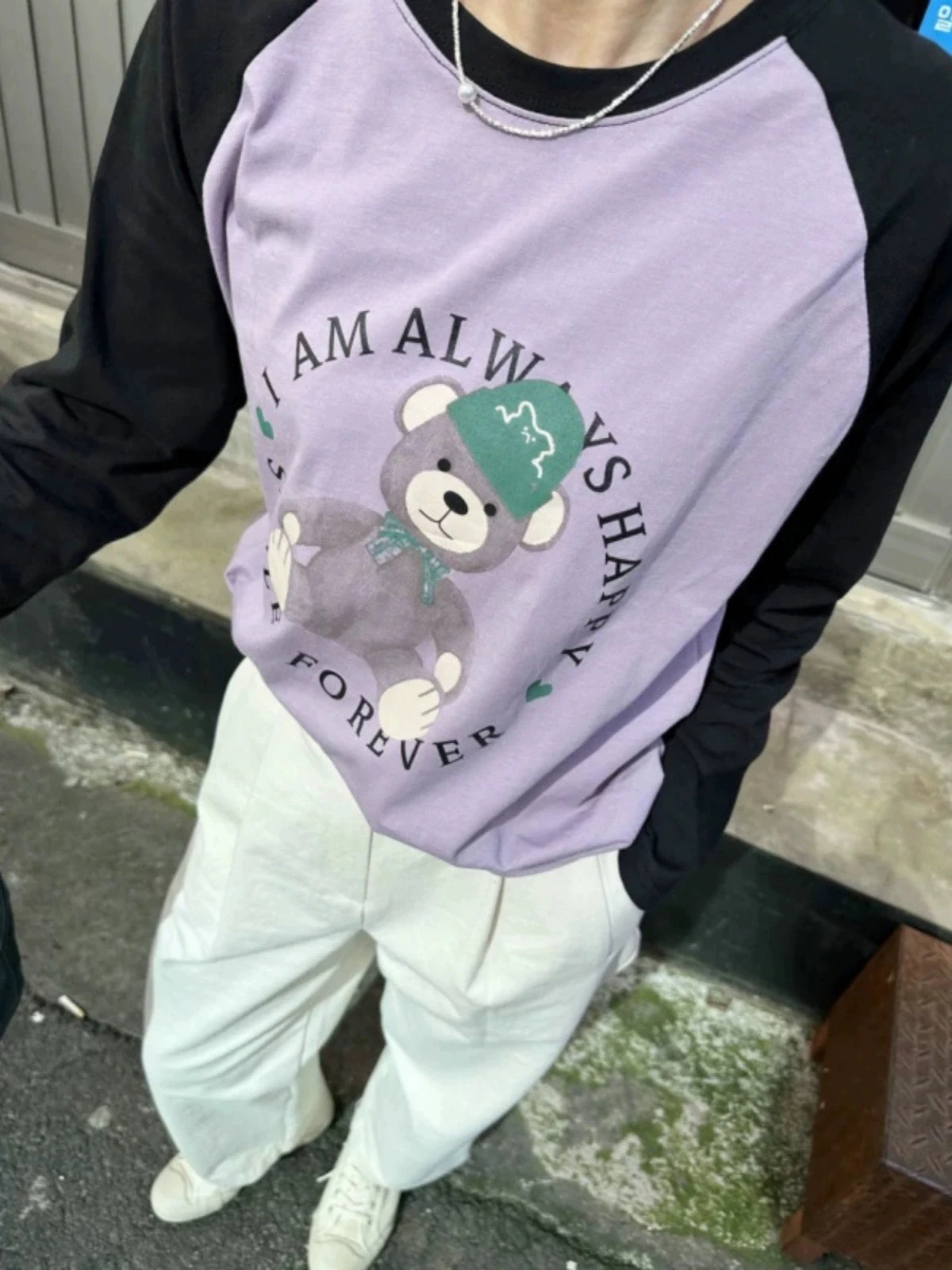Candy Miss Art J Color Block Shoulder Sleeve Long Sleeve T-Shirt round Neck Cartoon Bear Design Anti-Aging Fashionable Women'...