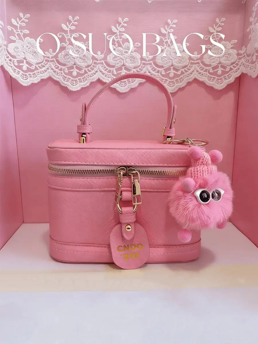 Petite trousse à cosmétiques rose avec breloque en fausse fourrure, sac à main pour femmes