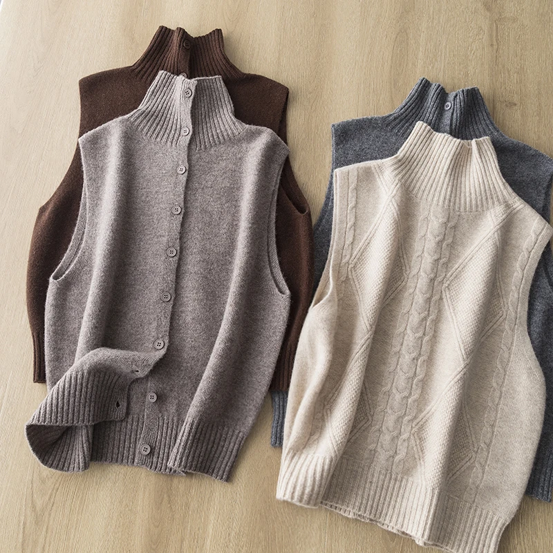 

Halg High Collar Pure Wool Sweater Vest Women Autumn Winter Twists Knitted Cardigan Vest Two Side Wear