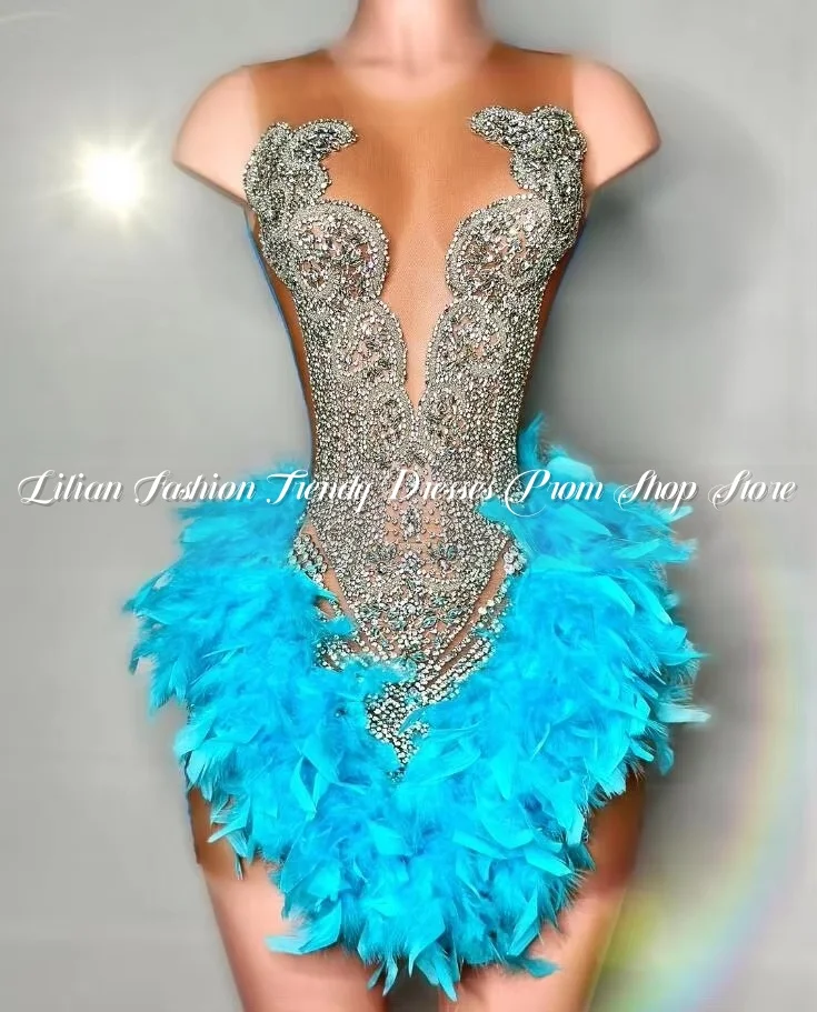 Blue Sparkly Short Prom Homecoming Dresses for Women Luxury Diamond Crystal Feather Birthday Gala Party Gown Black Girl Custom