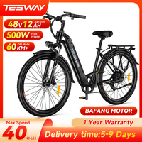 TESWAY Electric Bike 500W Motor 48V 12AH Battery 27.5*2.4-inch Tires 40km/h Max Speed 90km Range Mechanical Disc Brakes