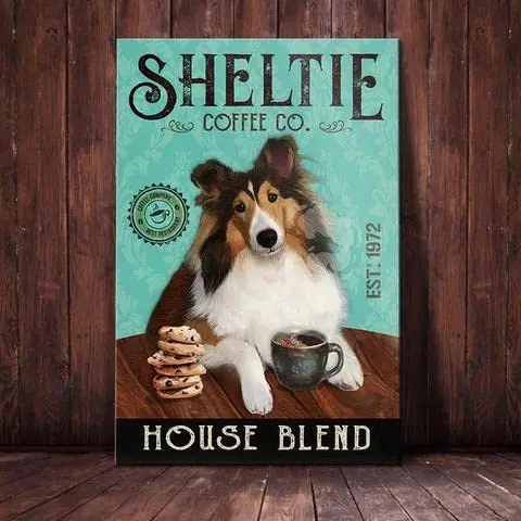 Animal Decor for Bedroom Shetland Sheepdog Coffee Company Sign Vintage Tin Sign Chic Art Wall Metal Decorations Funny Iron Plaqu