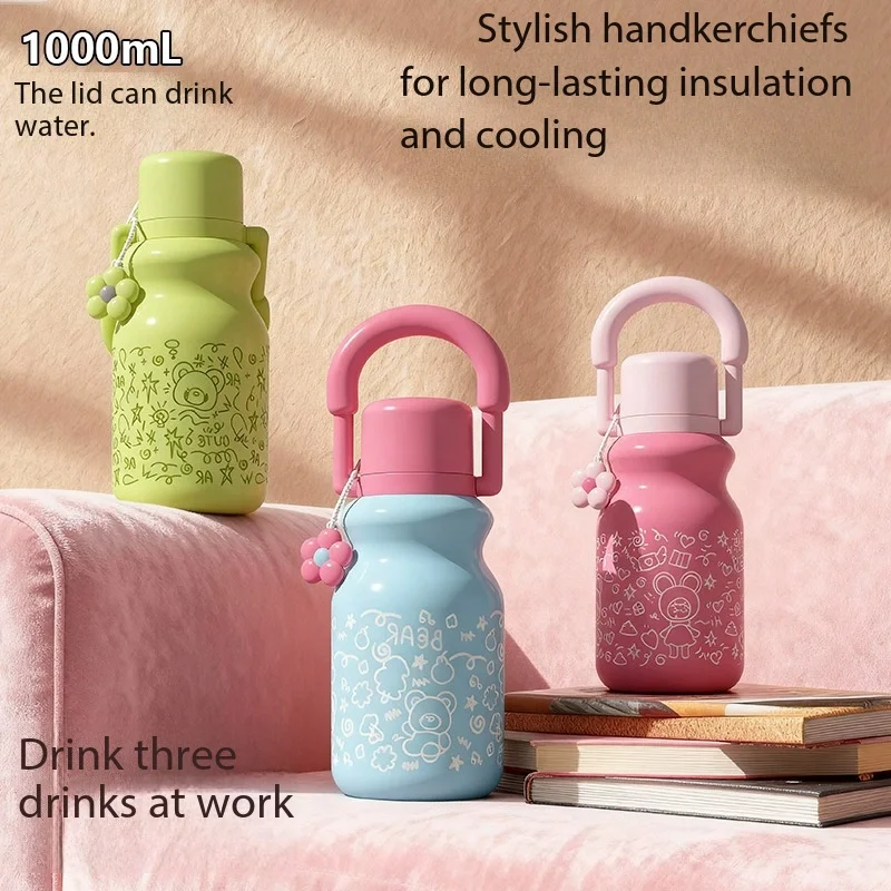 New double drinking mouth thermos cup for women, high-looking, large-capacity, 316 stainless steel outdoor portable straw cup
