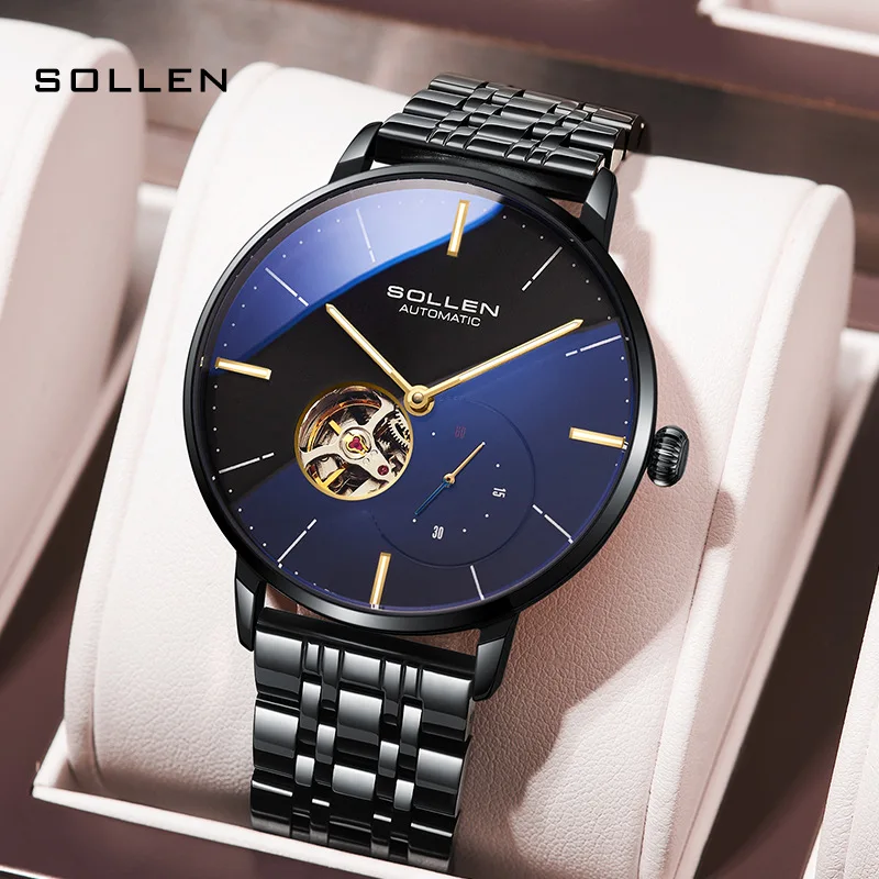 

SOLLEN Brand High-end Luxury Tourbillon Mechanical Watch Men 316L Stainless Steel Fashion Ultra Thin Dial Automatic Watches Mens