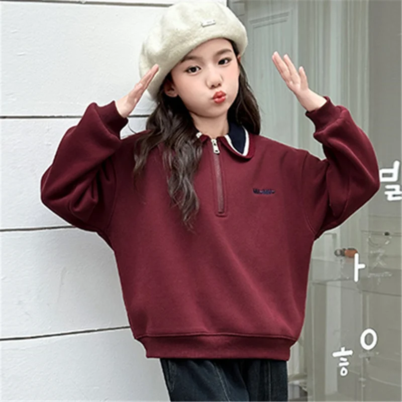 New Fashion Child Polo Sweatshirt with Zipper For Girls Long Sleeve Turn Down Collar T-shirt Kids Spring Autumn Cotton Outerwear