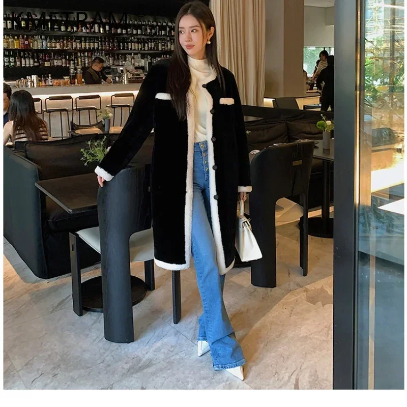 Genuine Leather Fur Jacket for Women Luxury Real Fur Coat Winter Long Natural Merino Sheep Fur Coats Contrast Color Outerwears