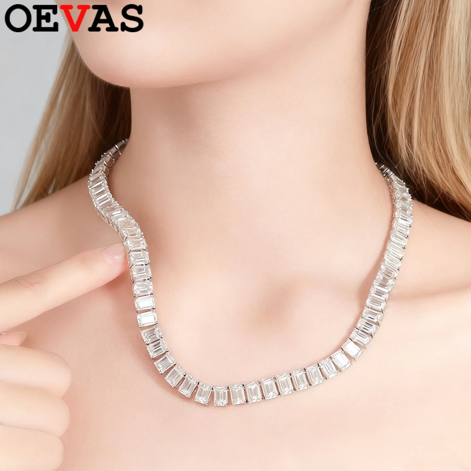 

OEVAS 5x7mm 1ct Emerald Cut Full Moissanite Tennis Necklace S925 Silver luxury Lab Diamond Pendant For Women Party Fine Jewelry