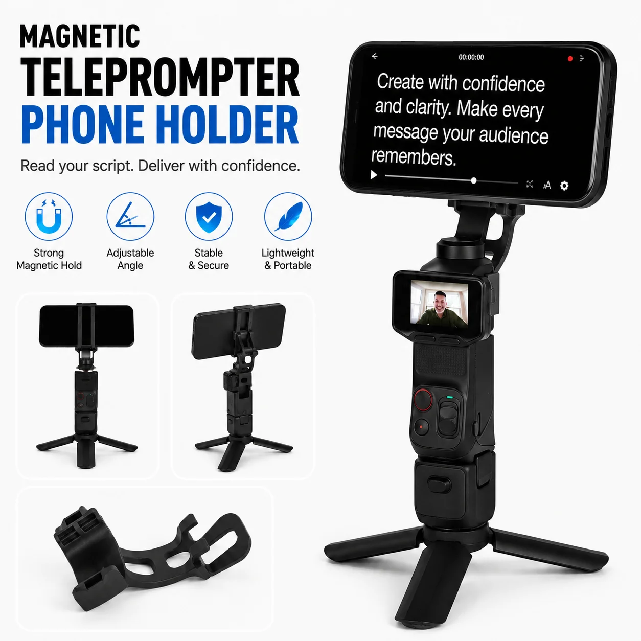 Magnetic Teleprompter Phone Holder, Adjustable Smartphone Mount for Luna Ultra, Stable Recording Clip