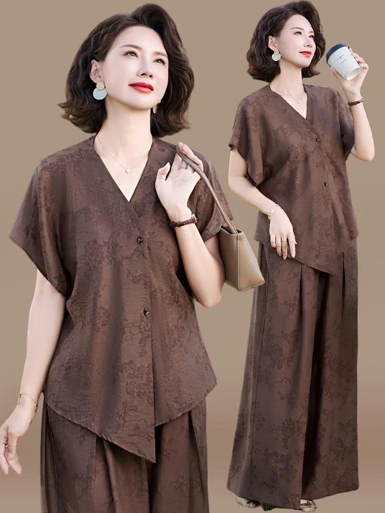 

Повседневный летний комплект из хлопка и льна для мам: модные свободные брюки и топ с V-образным вырезом и коротким рукавом – удобная и дышащая женская одежда