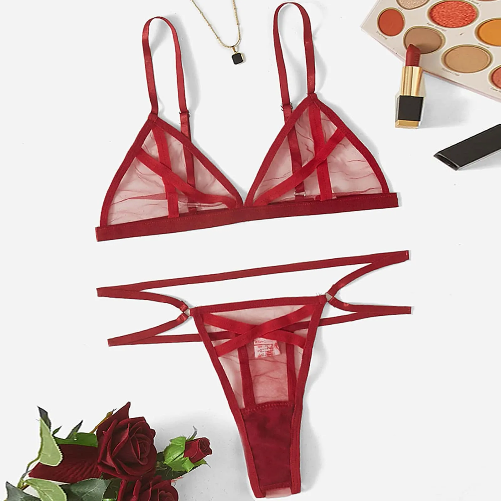 

Female Underwire 2PC Mesh Transparent Sexy Lingerie Two Piece Sets Solid Color Ribbon Hollow Out Erotic Underwear Suit For Women