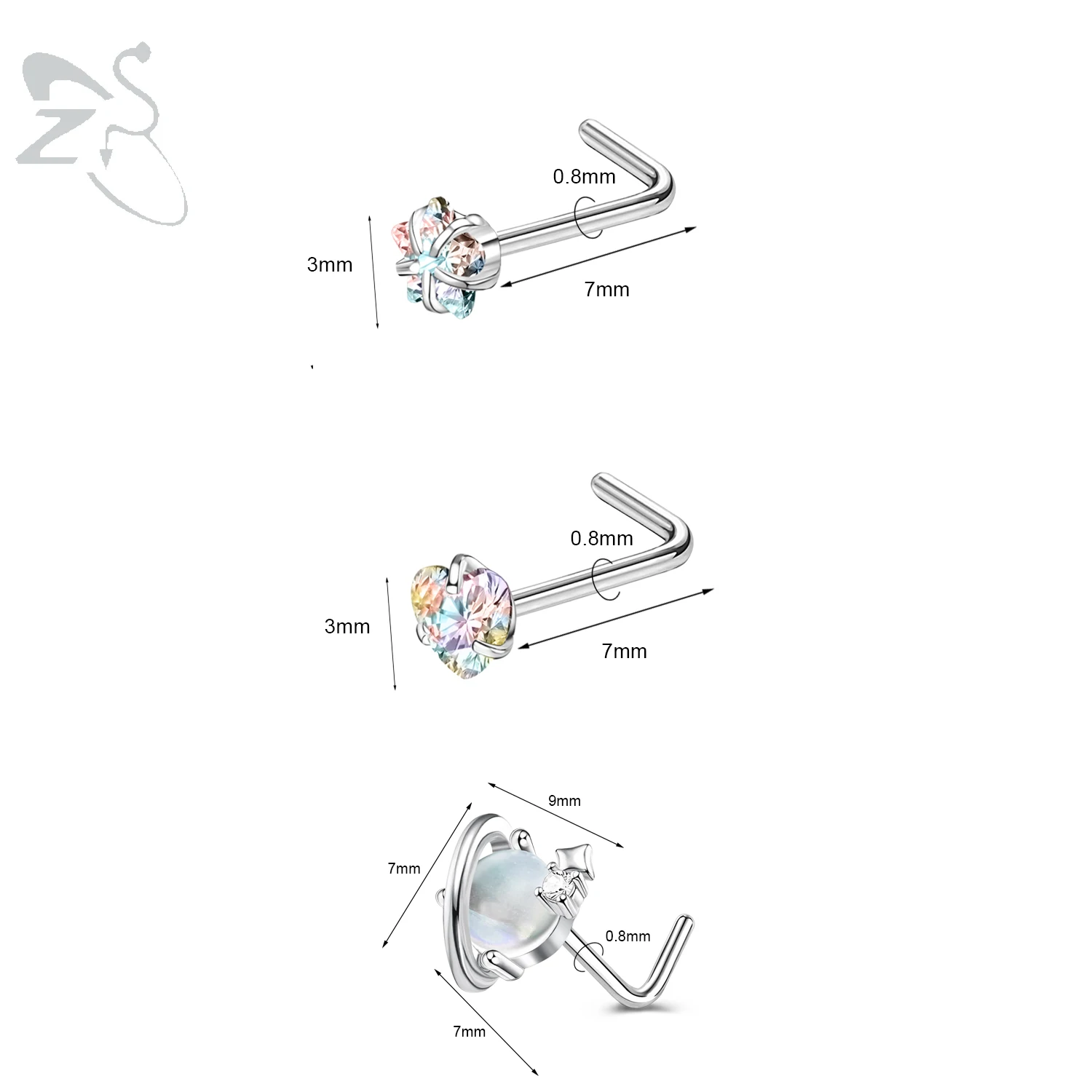 3pcs Stainless Steel Nose Stud Set with Crystals