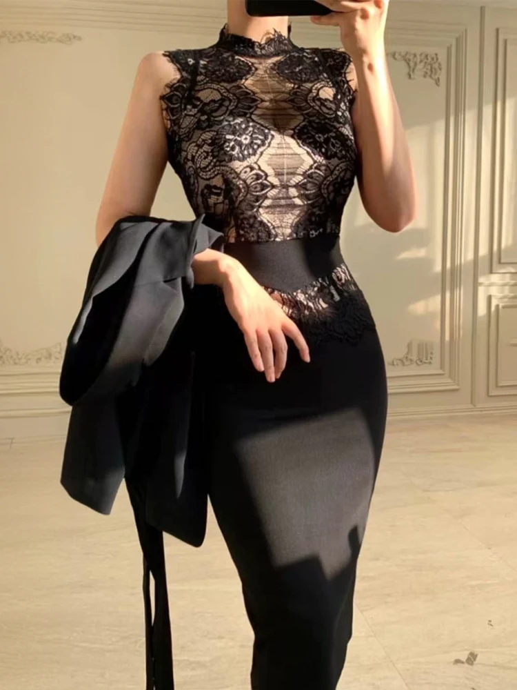 VC elegante zwarte kanten bodycon-jurk voor dames – hoge hals pure kanten bandage midi-jurk voor feest- en avondkleding mouwloze outfit