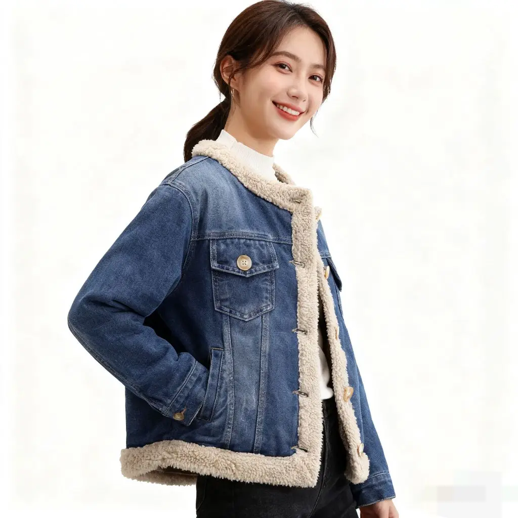 

Denim Coat Long Patch Fur Plush Womens Autumn Double-Faced Sashes Buttoned Standneck Outwears Minimalist Preppy Style Jackets BF