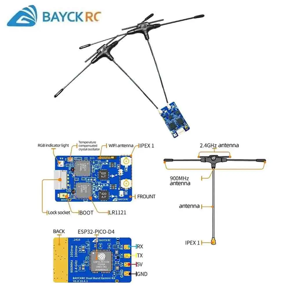 

BAYCK 900 МГц 2,4 ГГц 915M ELRS двухдиапазонный приемник Gemini ExpressLRS RX TCXO для FPV Racing Дрон дальнего действия с фиксированным крылом RC Tools