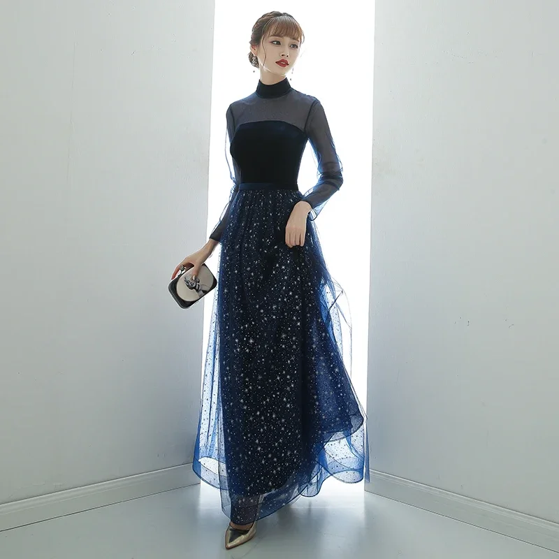 Evening Dress Navy Blue Velvet Tulle illusion Full Sleeves High Neck A-line Floor-length Plus size Woman Formal Party Gowns A314