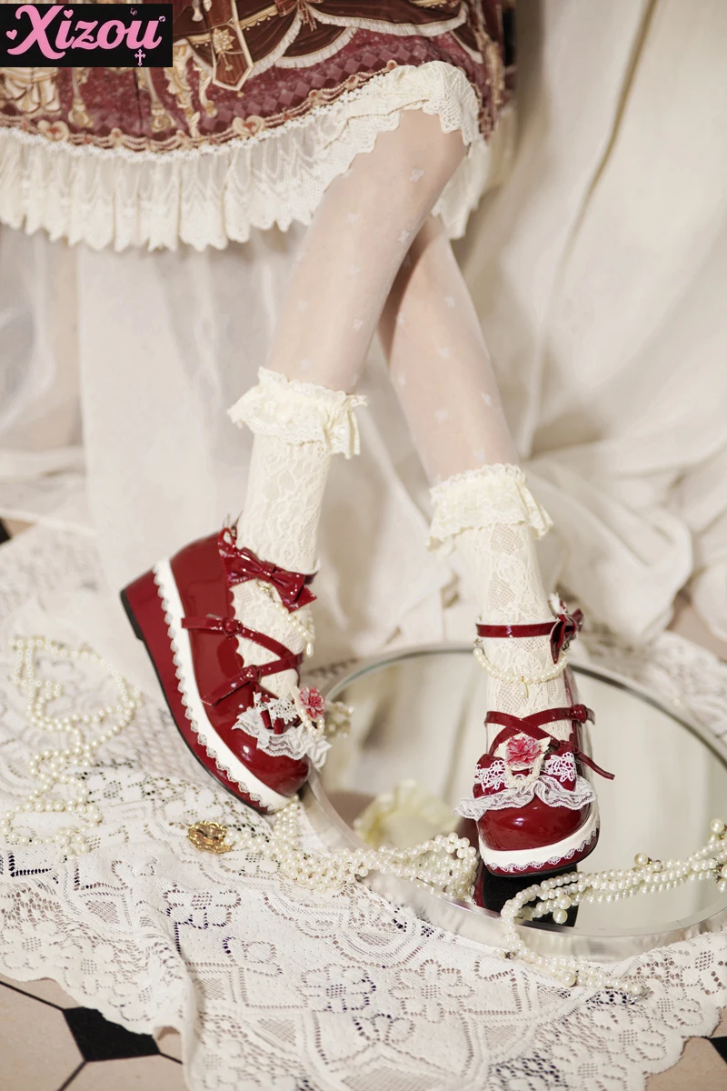 Kawaii japonês doce e bonito plataforma original muffin sapatos femininos pérola arco cabeça redonda lolita feminino mary jane único sapatos