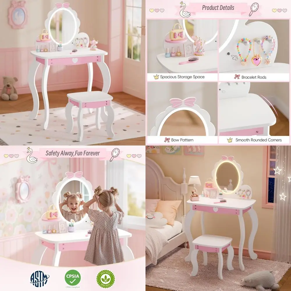 

Lighted Mirror Kids Makeup Vanity with Storage, Bow Pattern Desk for Little Girls Toddlers, Playroom Vanity Set