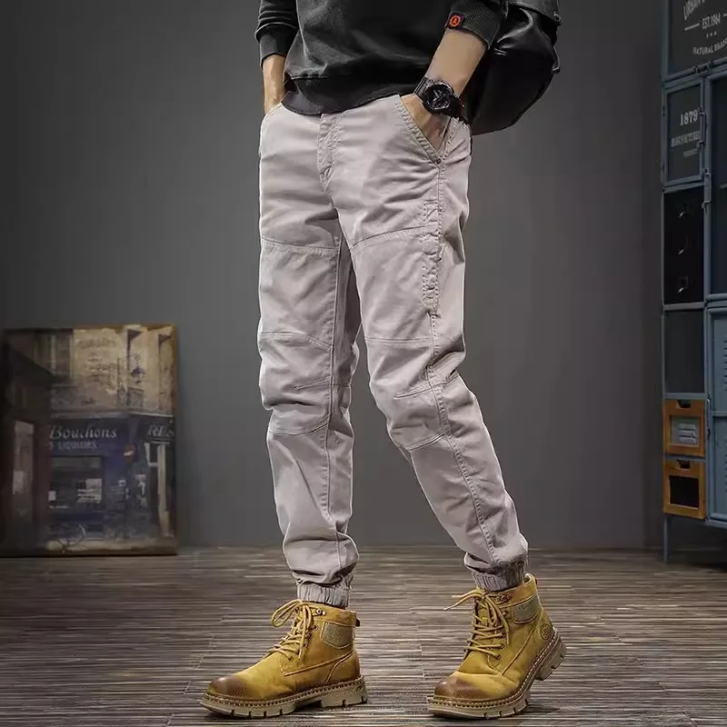 Street Fashion Men Jeans Gray Stretch Slim Fit Spliced Designer Casual Cargo Pants Hombre Multi Pockets Y2K Hip Hop Joggers Men