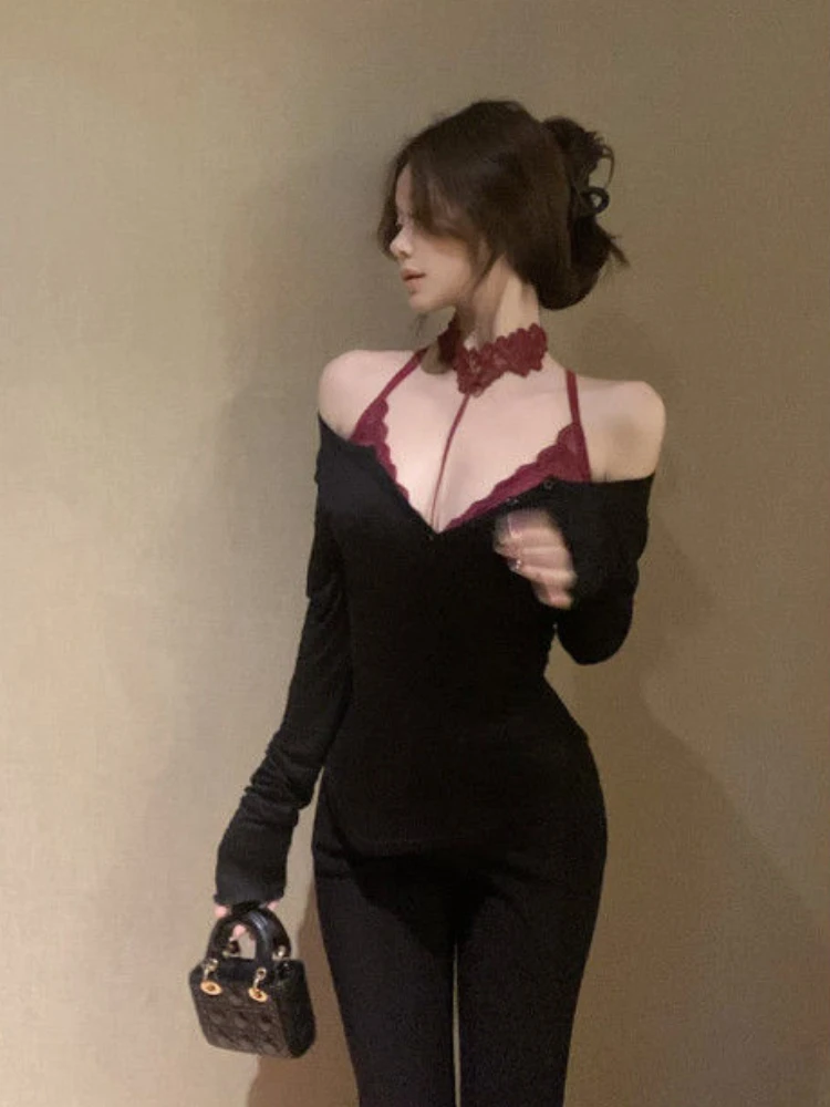 Aesthetic Sexy Skinny Lace V Neck Tops Women Design Fashion Thin Long Sleeve Irregular Top Female Y2k Chic Solid Sling Base Suit