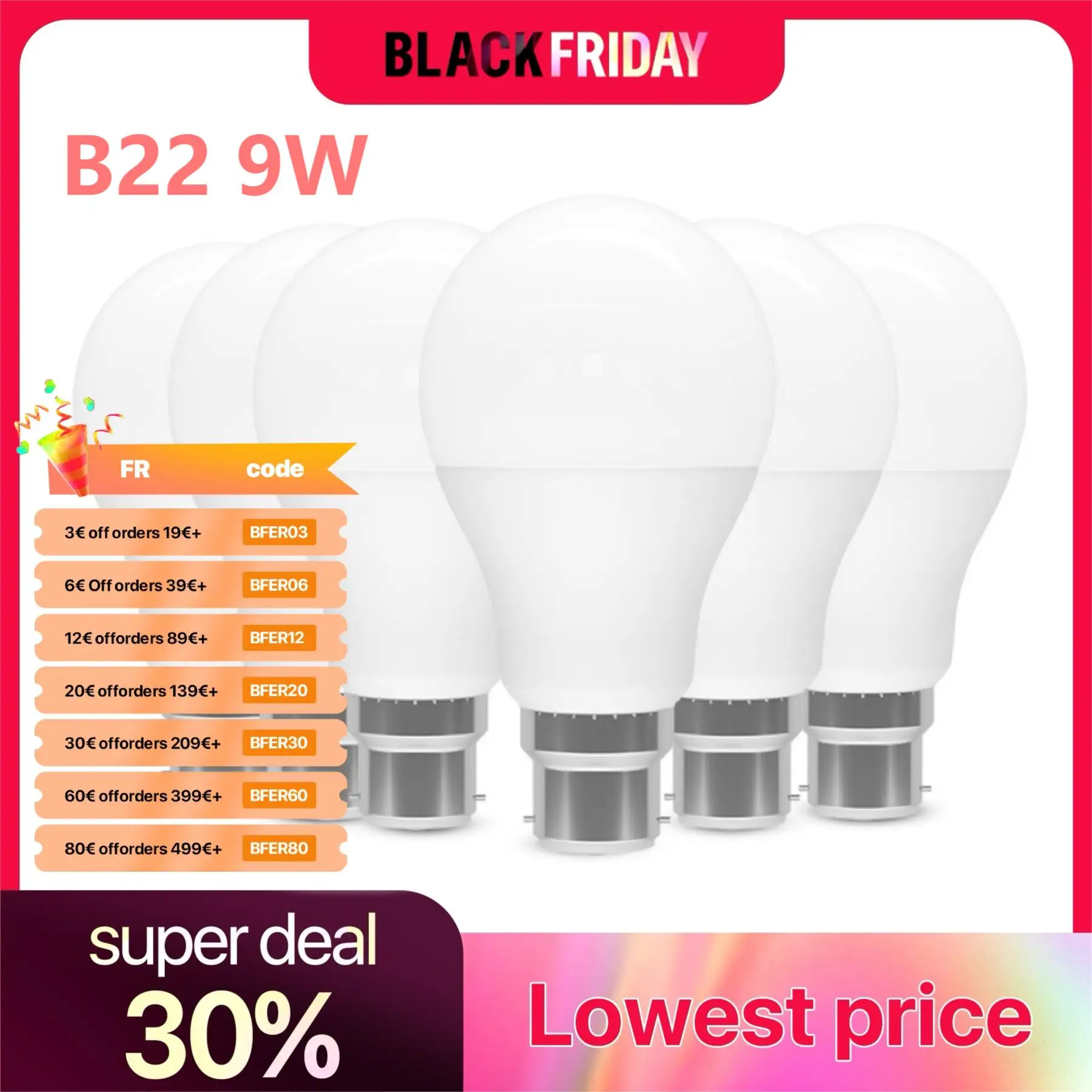 6PCS B22 LED Light Bulbs Bayonet A60 9W AC220V LED Bulbs Cool White 6500K Warm White 3000K Non-dimmable Equivalent 60W