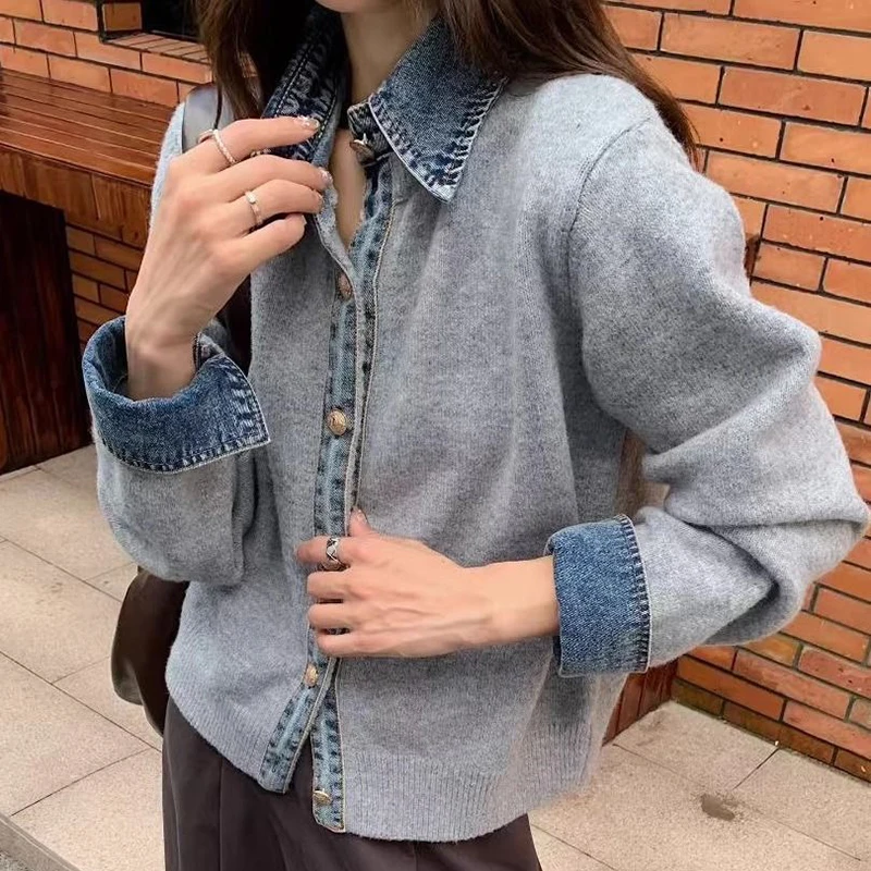 เสื้อสเวตเตอร์ถักลายปะผ้ายีนส์ แขนยาว สไตล์ฮาราจูกุ Y2K เกาหลี ทรงหลวม แฟชั่นลำลอง สตรีท คลาสสิก